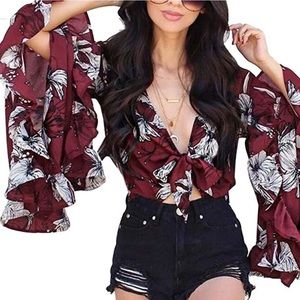Deep V Neck Tie Knot Sleeve Short Blouse Shirt
